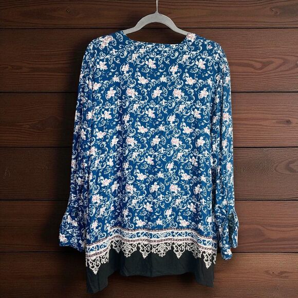 Cato Peasant Tunic Top 14W/16W  Blue Boho Chic Cottagecore Fall Ready Tab Sleeve - Picture 2 of 10